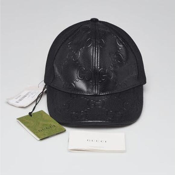 Gucci Black Perforated Leather Mesh GG Baseball Hat S sz